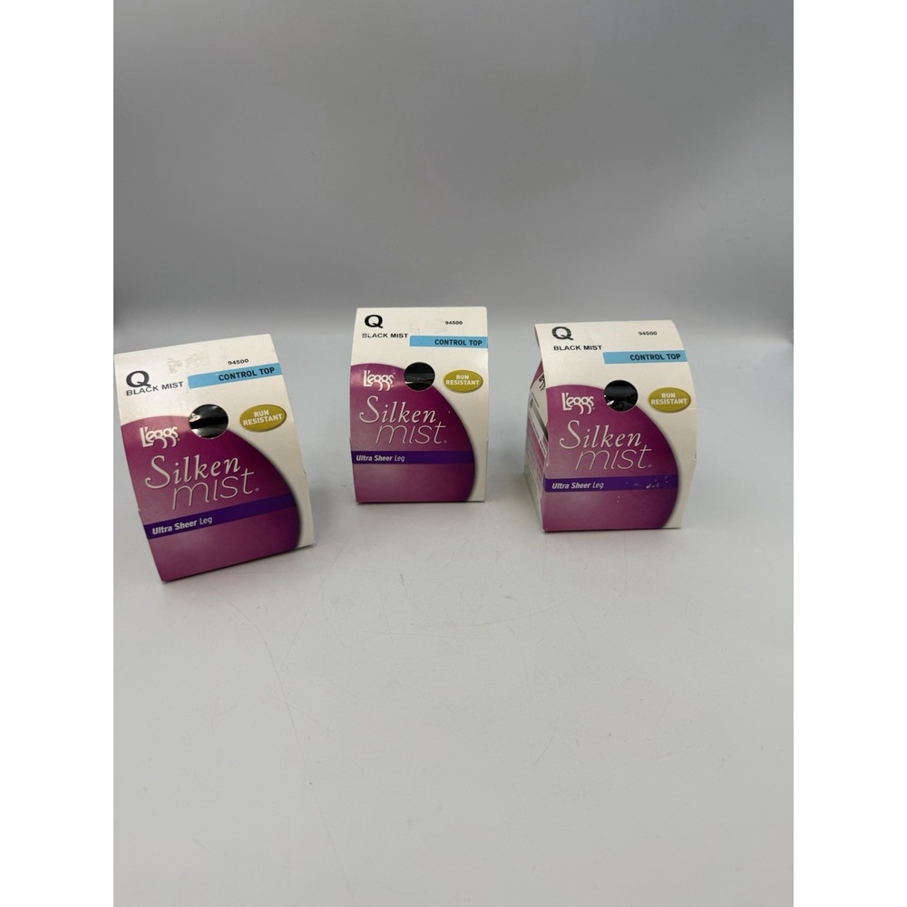 Lot 3 L'eggs Silken Mist Pantyhose Q Black Mist Control Top Ultra Sheer 94500